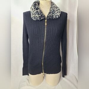 Y2K black bodycon fur collar zip up sweater Size large women's